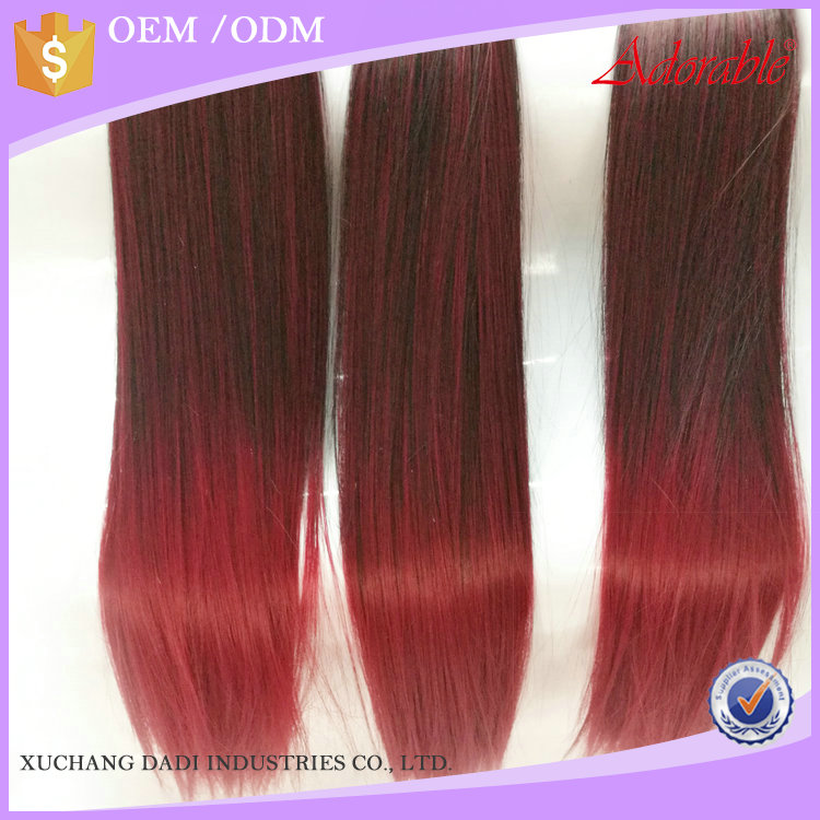 wholesale silk straight ombre two tone color hair weaving,double sewing heat resistant fiber red synthetic hair bundles T1bbug