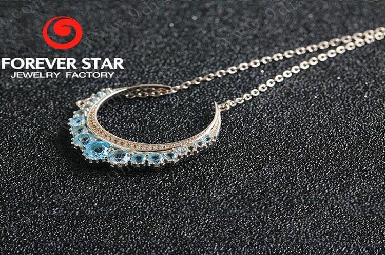Collar de luna creciente de venta caliente con joyería de plata de piedras preciosas de topacio azul