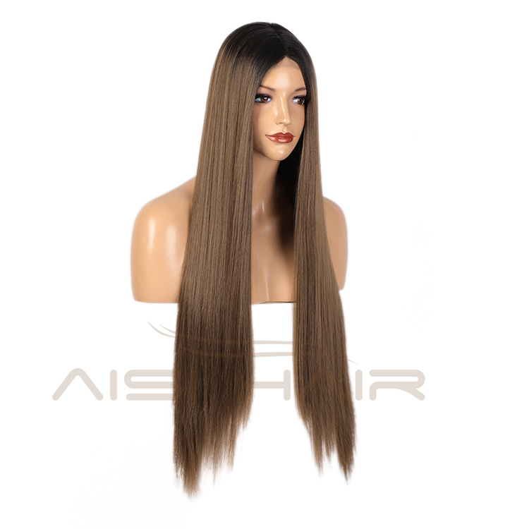 Aisi Hair 30 Inch Long Silky Straight Ombre Brown Dark Root Swiss Lace Wig Cheap Synthetic Hair Lace Front Wigs For Black Women