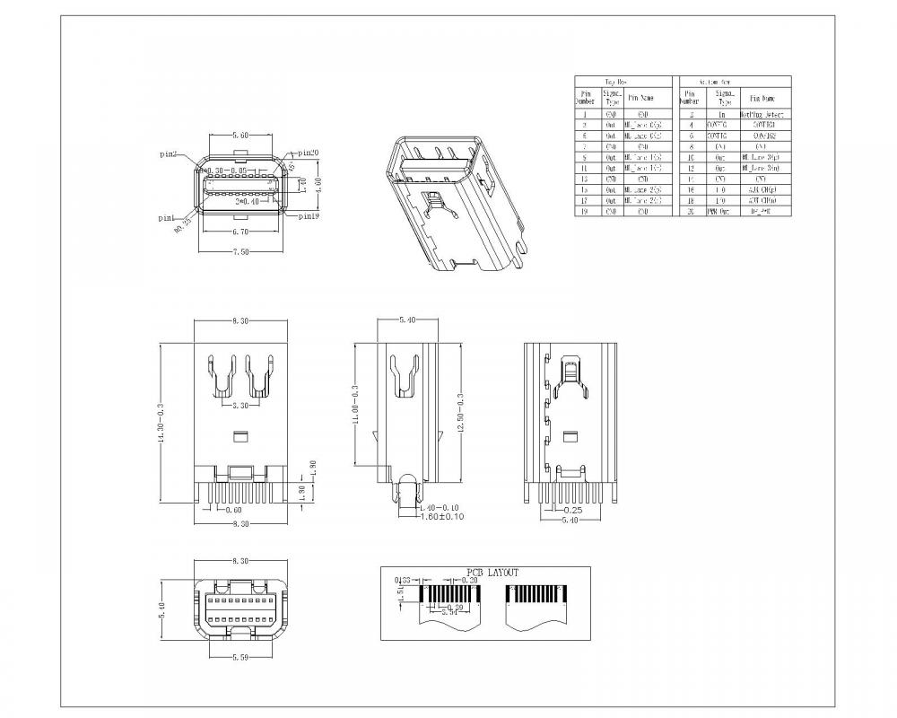 Mini receptáculo del puerto de pantalla (patas dobladas de 1.6 mm de 1.6 mm)