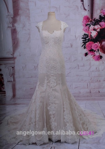 2015 guangzhou hot sale champagne cap sleeves mermaid wedding dresses with french lace L0841