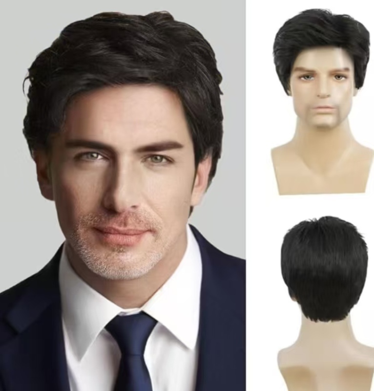Men Short Black Side Part Layered Synthetic Wig