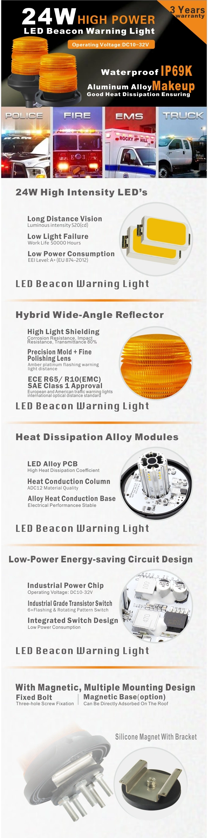 Truck Roof IP69K R65 Amber LED Rotating Warning Beacon LED Light for Emergency Vehicle