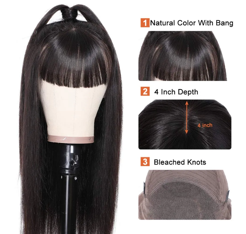 Lsy Long Silky Straight 360 Frontal Full Lace Wigs With Front Chic Bangs Fringe 150% Density 100% Indian Human Hair Wigs
