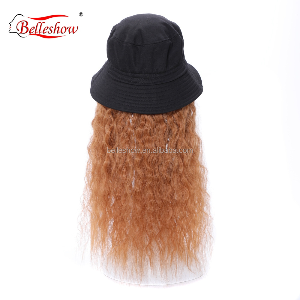 Hot sell fisherman's hat wig wool ring light brown long curly hat wig head set real hair mix black hat human and synthetic hair