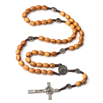 Catholic Wooden Rosary Necklace - Christian Prayer Beads with Cross