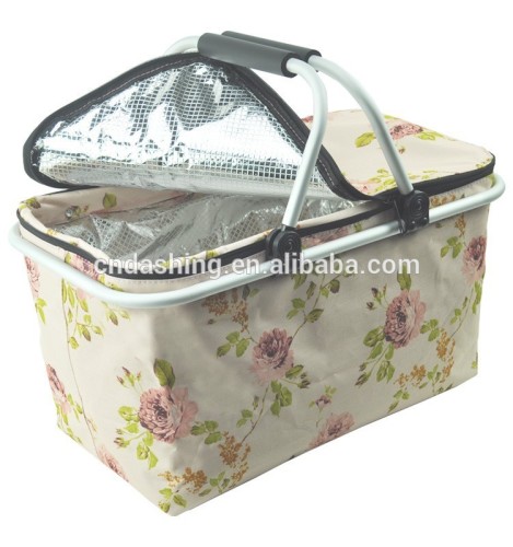 2015 popular double handle collapsible picnic basket with aluminium frame