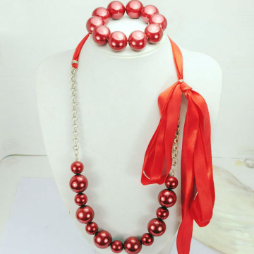 Red Ribbon Pearl Necklace and Bracelet Set