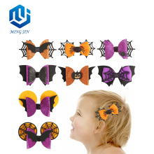 Two Layers Chunky Glitter Hair Bow Clips for Halloween - Pumpkin Spider Ghost