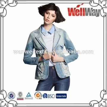 2015 Wellway New arrival woman jean jacket washed dark blue jean jacket