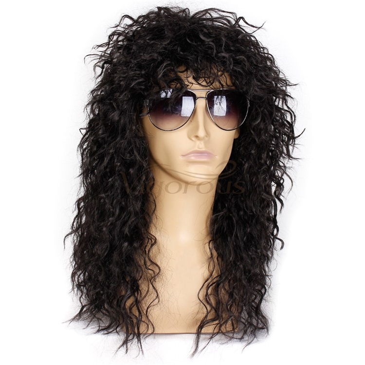 Vigorous Long Curly 80S Men Hair Wig Heat Resistant Synthetic Black Punk Puffy Headgear Fashion Heavy Rocker Style Cosplay Wig