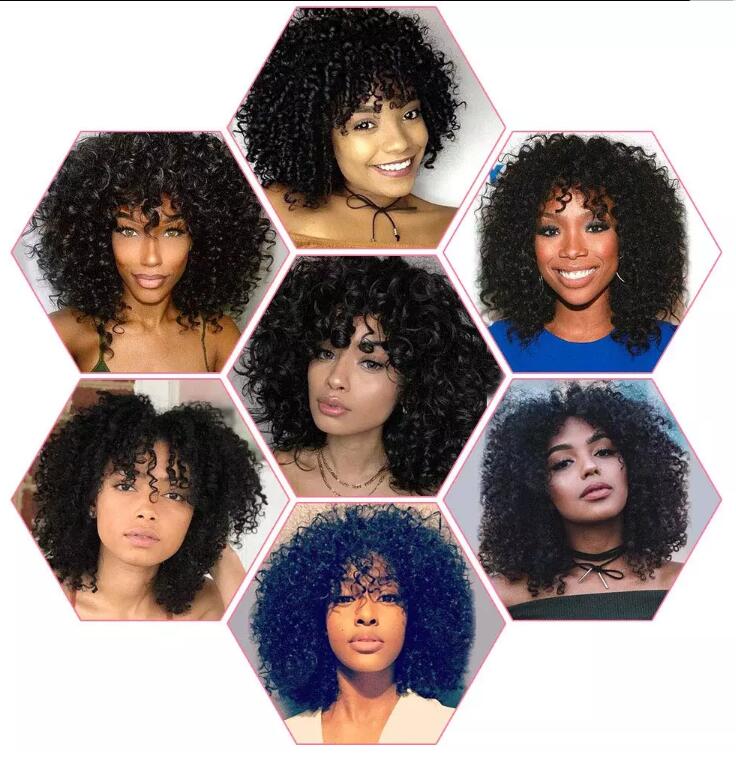 Free sample Black Short Kinky Curly Synthetic Wigs With Bangs For Black Women Glueless Heat Resistant fiber lace front Hair Wigs