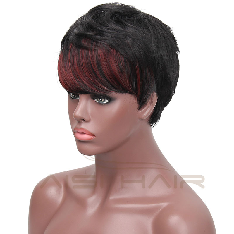 Aisi Hair Most Popular Short Straight Wig Natural Black Wigs with Red Bang Synthetic Pixie Cut Wig for Women