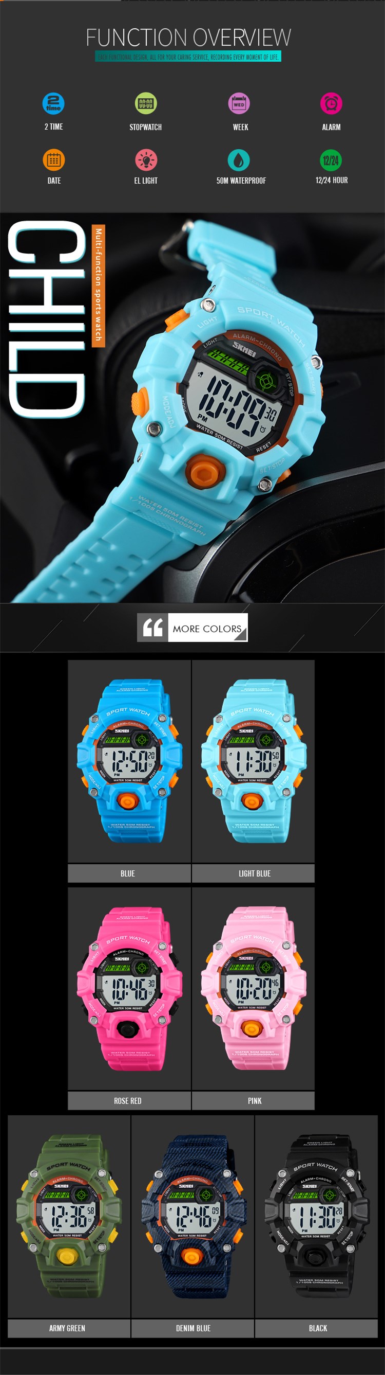 New arrivals 2018 skmei children digital watch instructions christmas gift