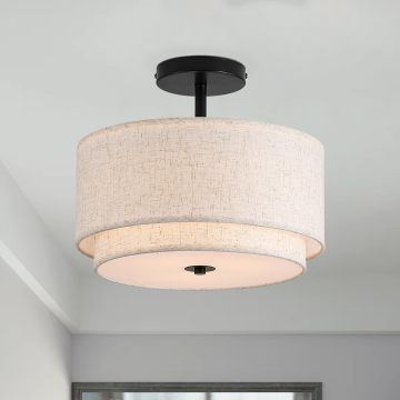 Farmhouse Drum Fabric Shade Ceiling Mount Lamp
