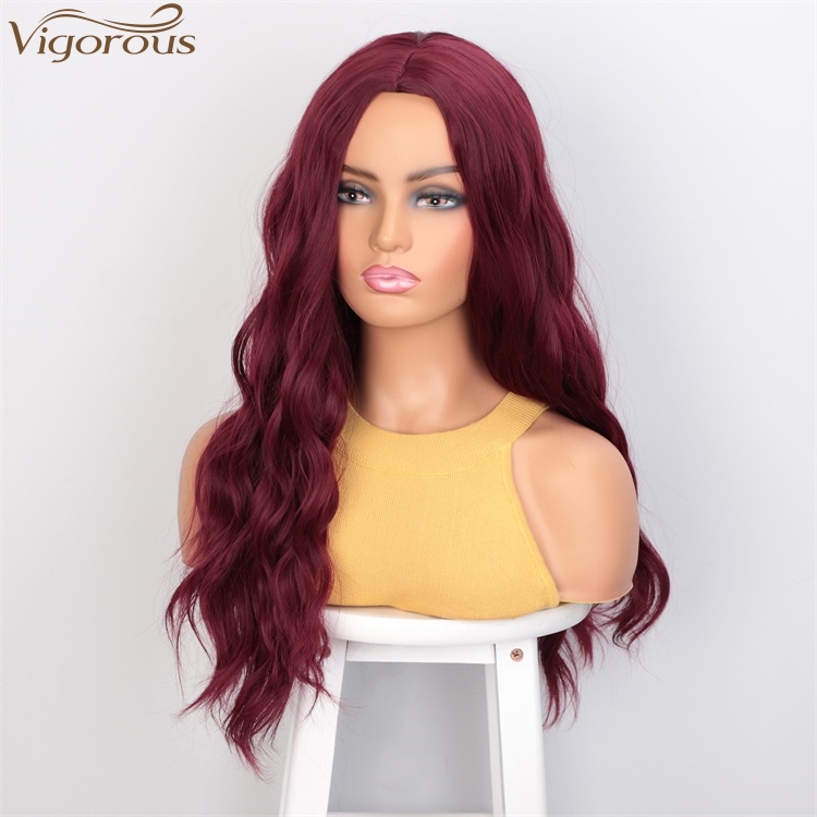 Vigorous High Temperature Long Wavy Wig Middle Part Synthetic Red Wigs For Black Women Cosplay Party Wigs Wholesale Price