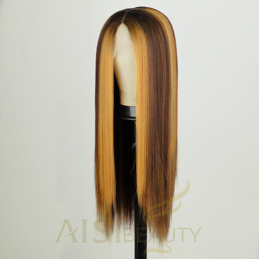 Aisi Beauty wholsale premium soft straight blonde mix brown cheap fiber synthetic hair wigs with highlights lace front