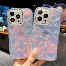 Clear Shockproof Diamond Quilted Pattern Rhinestone Laser Cutout Wallet Case for iPhone 14 Pro Max