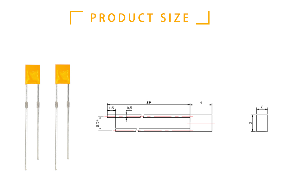 Size of 232UOC Through-Hole Rectangular LED Orange 605 nm Standard LEDs