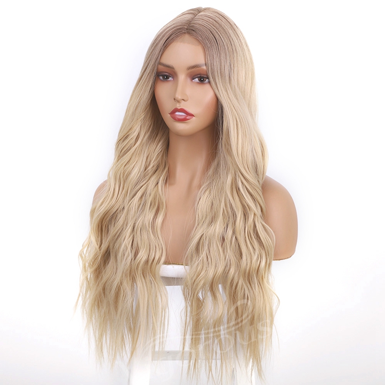 Lace Synthetic Wig Colored Blonde Hair Long Body Wavy Middle Part High Quality Good Premium Hair Cheap Price