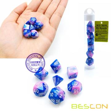Bescon Mini Gemini Deux Tons Polyédriques RPG Dice Set 10MM, Petit Mini RPG Jeu de Rôle Dice D4-D20 en Tube, Couleur de Myosotis