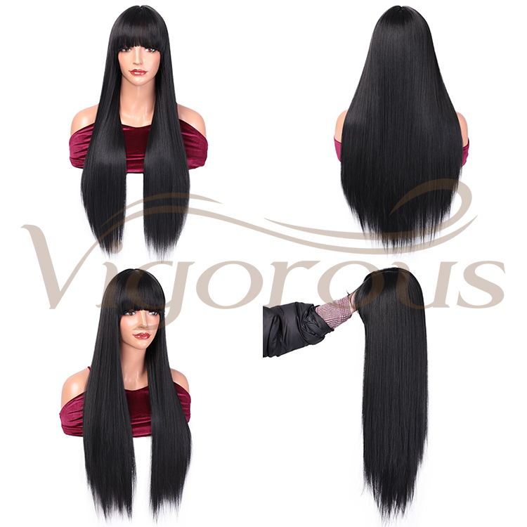 Vigorous 28 inches Long Straight Black Wig Lace Heat Resistant Synthetic Wig With Bangs Natural Hair Wig for Black Women