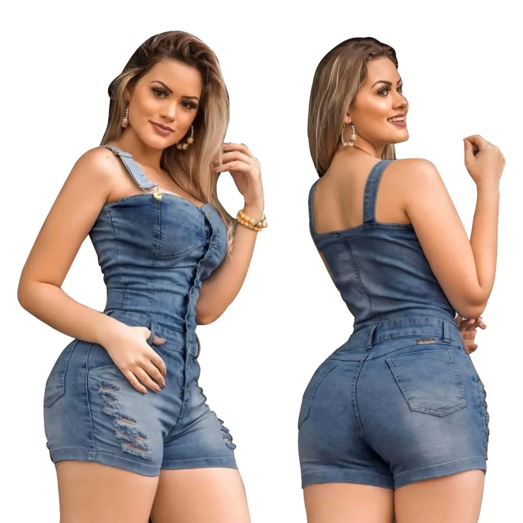 New European and American Denim Slimming Jumpsuit Spray White Hole Denim Shorts Wholesale