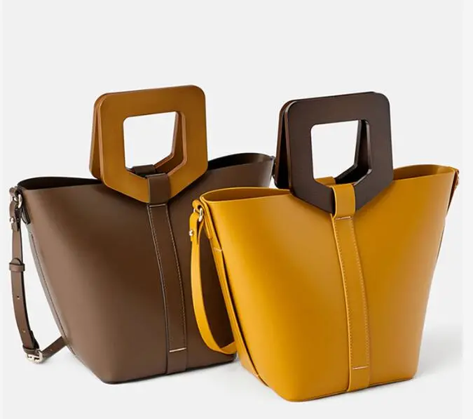 Custom Smooth Leather Wooden Handle Ladies Hand Bag Women Bucket Handbag