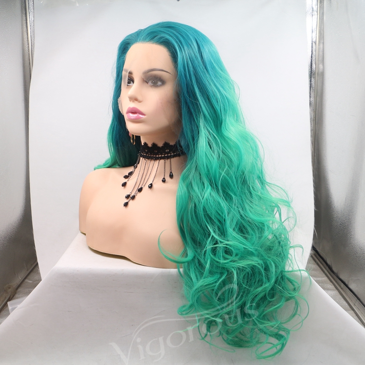 Vigorous ombre long premium high quality straight wave wholesale black women synthetic hair wigs with lace front