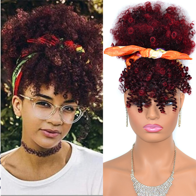 High puff drawstring afro kinky curly synthetic ponytail with bangs