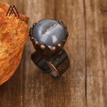 Natural Druzy Geode Gemstone Rings with Bronze Finish and Copper Plated Vintage Design: Unique Jewelry Collection