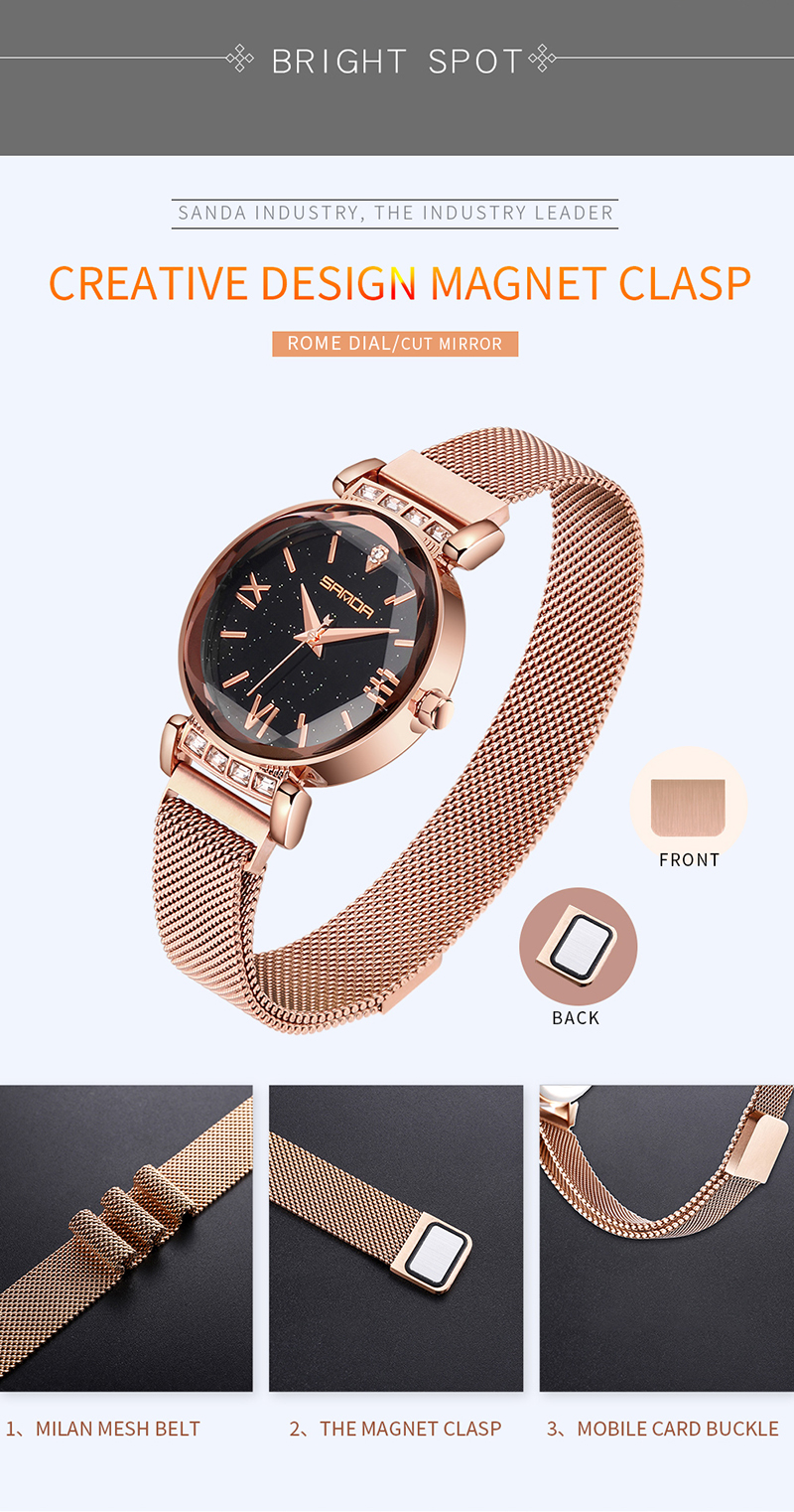 SANDA 1001 Women Fashion Quartz Mesh Strap Watches Charm Ladies Stainless Steel Dress Bracelet Wristwatch