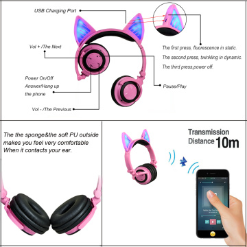 Auriculares con orejas de gato con luz LED Bluetooth