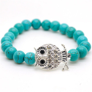 Turquoise 8MM perles rondes Bracelet extensible de pierres précieuses avec un morceau de hibou en alliage Diamante