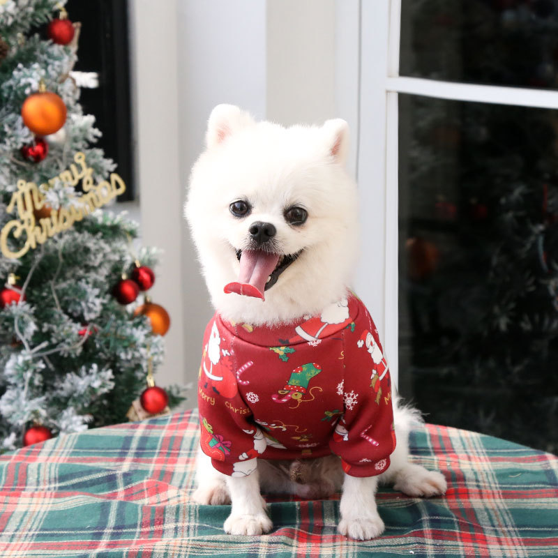 Dog Cat Teddy Bichon French Bulldog Clothes Plus Velvet Christmas Print Sweater Spring, Autumn and Winter Pet Supplies