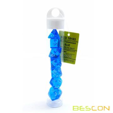 Bescon Mini Transluzent polyedrischen RPG Würfel Set 10 MM, kleine RPG Rollenspiel Würfel Set D4-D20 in Tube, Transparent Blau