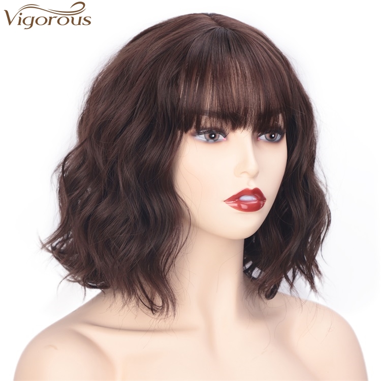 Vigorous High Temperature Daily Use Wigs 14 Inches Short Wavy Synthetic Bob Wigs With Bangs Dark Brown Mix Auburn Color
