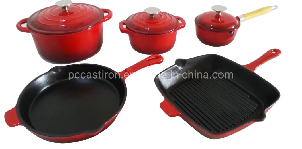 8PCS Enamel Cast Iron Cookware Set with Casserole Grill Pan Skillet China Factory