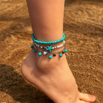 LUOYAN Blue Starfish Beaded Double Layered Anklet - Summer Ocean Beach Jewelry