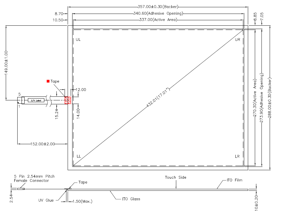 Painel de toque resistivo de 5 fios AMT de 17 polegadas 2538