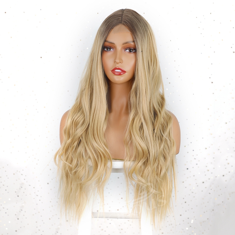 Middle Part Ombre Blonde Long Wavy Natural Hairline Dark Roots Blonde Wigs Curly Women Girls Heat Resistant Fiber Synthetic Wig