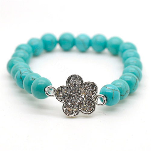 Turquoise 8MM Round Beads Stretch Gemstone Bracelet with Diamante alloy Flower Piece