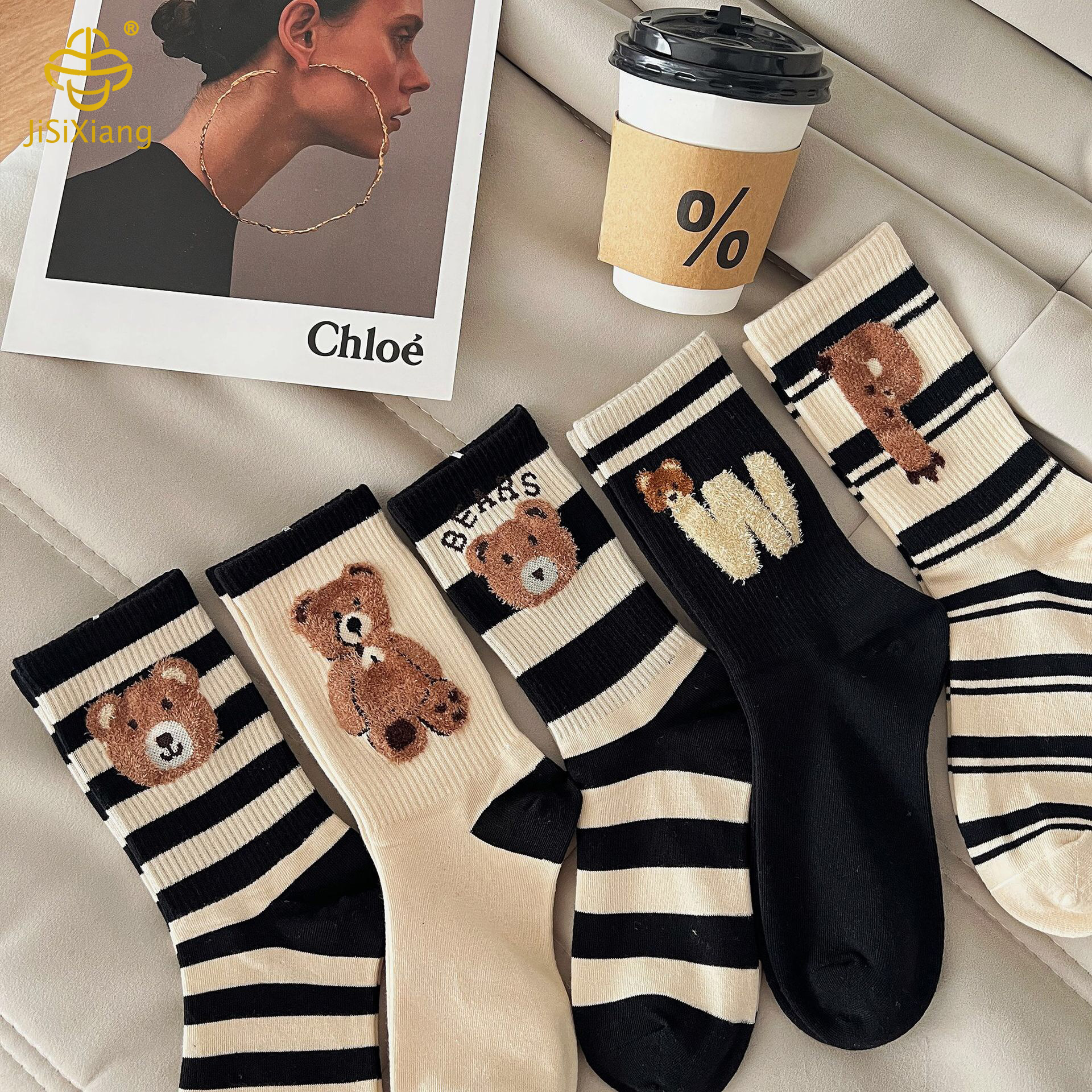 Little Bear Mid Tube Socks Pile Socks 학생 스포츠 양말의 한국어 버전 Korean version of Little Bear mid tube socks pile socks student sports socks