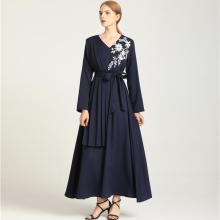 Long Sleeve V Neck Embroidered Draped Modest Dress