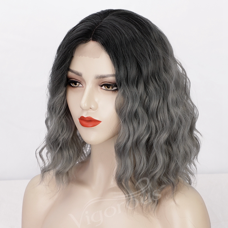 Shoulder Length Cheapest Top Quality Wholesale Glueless Bob Curly Wave Short Ombre Grey Synthetic U Part Lace Front Wig