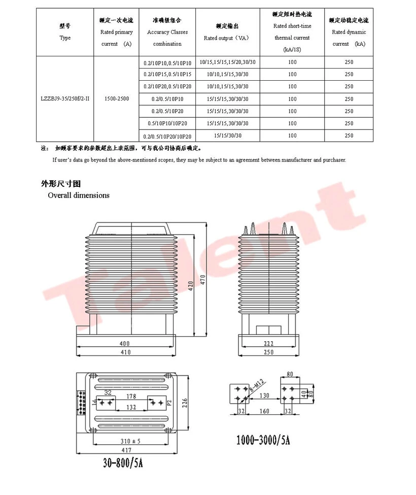 (LZZBJ9-35/250f/2-II) Indoor Epoxy Cast-Resin 0.2s/5p20 50va Current Transformer