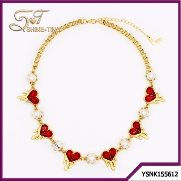 Korean style gold plated jewelry ruby heart necklace with pearl