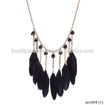 Black Feather Tassel Fringe Pendant Bib Necklace