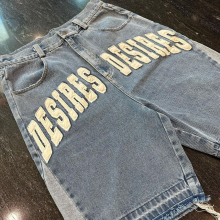 Distressing Hem Blue Washed Denim Jorts for Unisex - Stone Faded Applique Customizable Denim Shorts