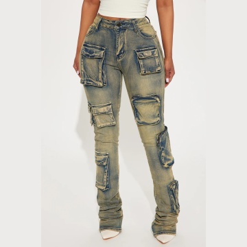 Ladies Fashion Vintage Tinted Cargo Bootcut Jeans